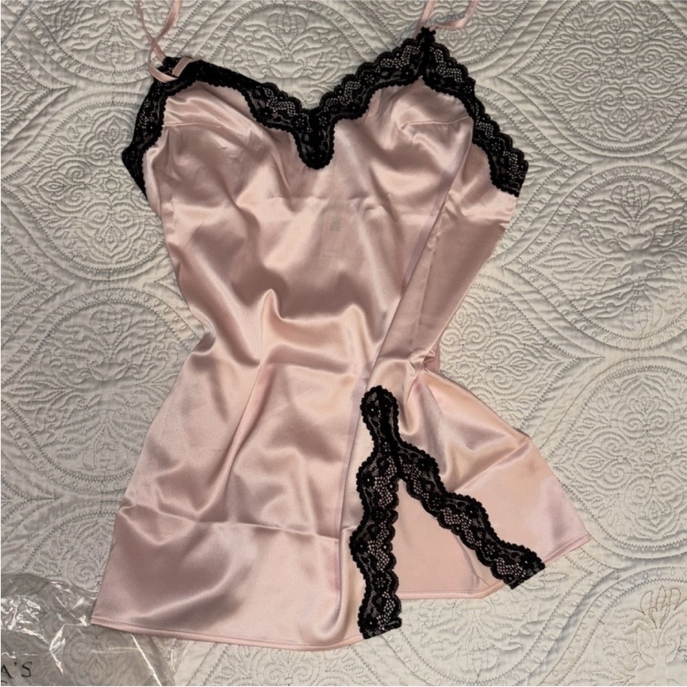 Victoria's Secret Pink Satin Chemise with Black Lace